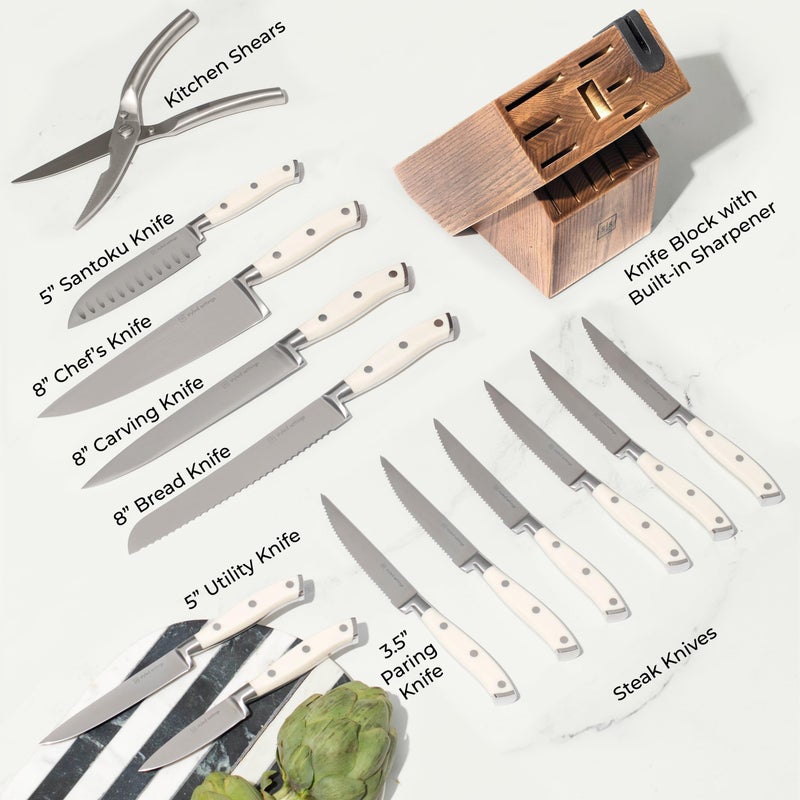 styled settings White Knife Set with Block â€“ 14-Piece Forged Stainless Steel Knives with Triple Rivet Handles, Heavy-Duty Kitchen Shears, and Self-Sharpening Knife Block â€“ Durable White Kitchen Accessories - Image 5